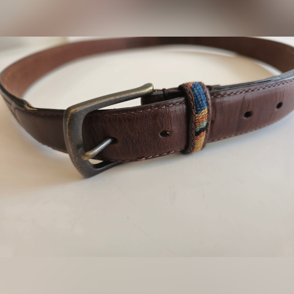 Columbia Men's Brown Leather Belt Multi Color Cotton Woven  Fabric Size 44 - Picture 3 of 17